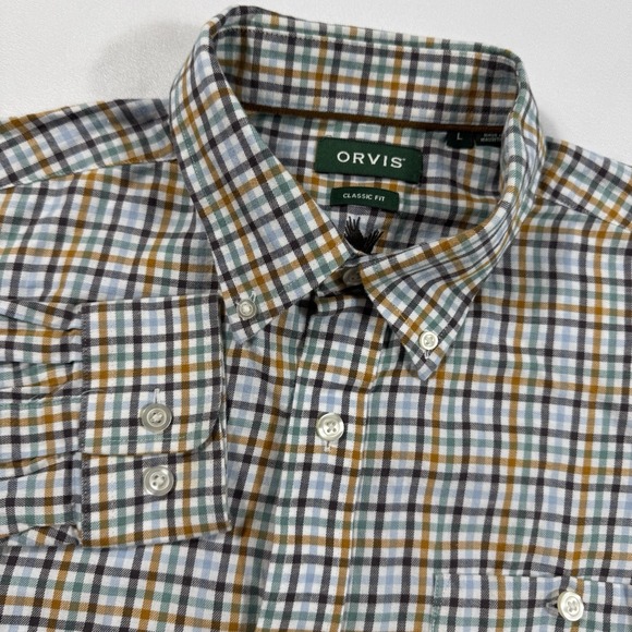 ORVIS Country Twill Shirt Mens L Yellow Brown Button Down Long Sleeve Pocket EUC - Picture 1 of 9